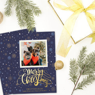 Blue Gold Snowflakes Merry Christmas Foil Holiday Card