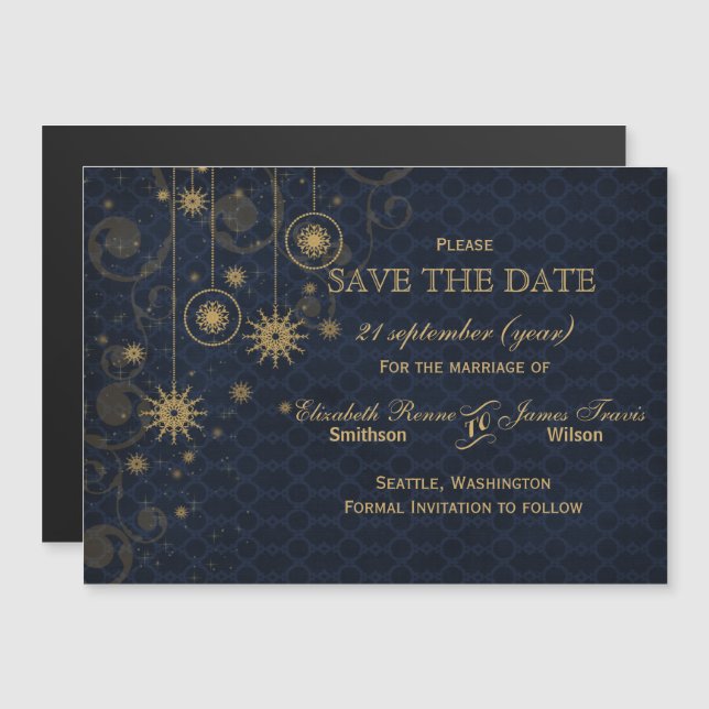blue gold Snowflakes Winter save the date Magnetic Invitation (Front/Back)