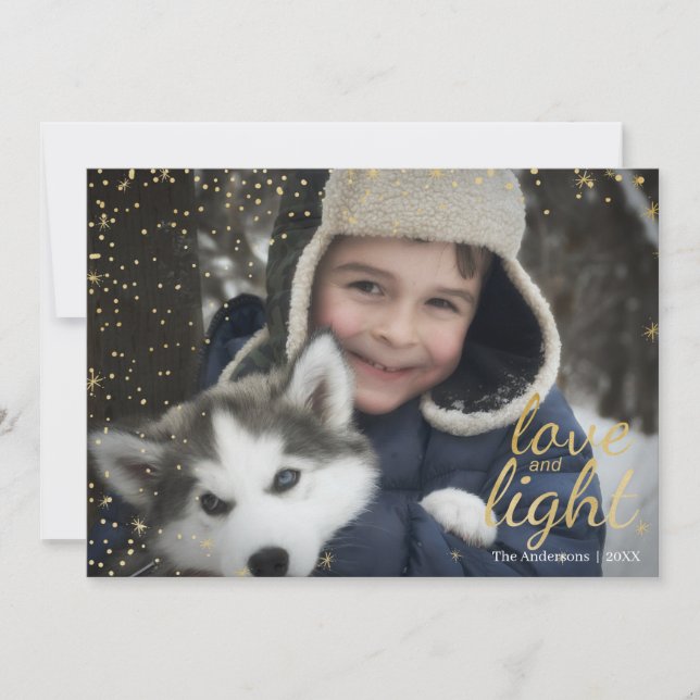 Blue & Gold Snowy Love & Light Hanukkah Photo Card (Front)