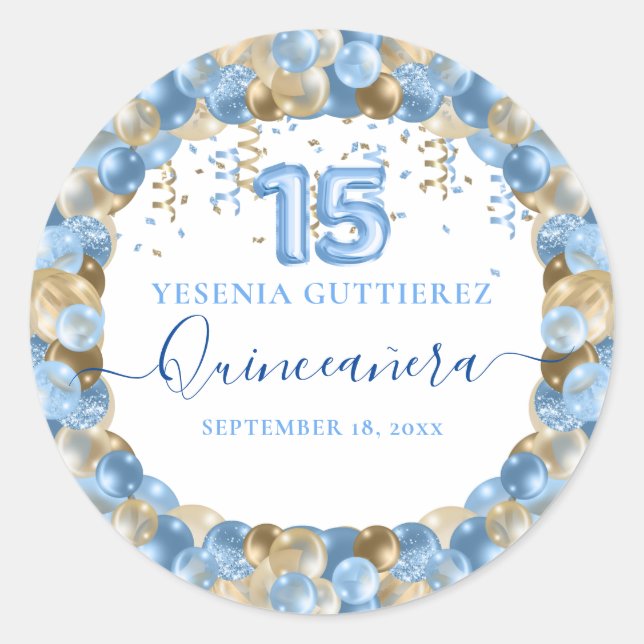 Blue Gold Sparkle Quinceañera Balloon Classic Round Sticker (Front)