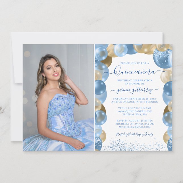 Blue Gold Sparkle Quinceañera Balloon Photo Invita Invitation (Front)