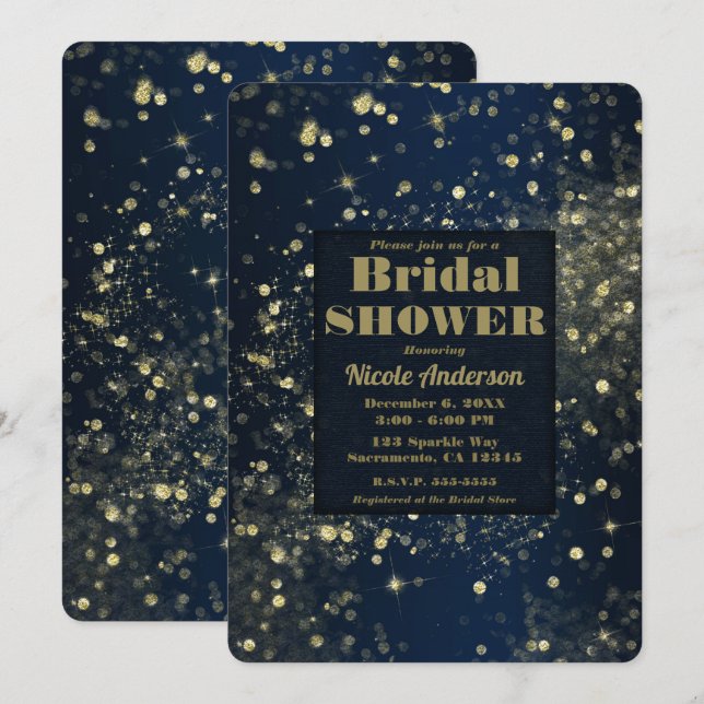 Blue & Gold Sparkling Lights Glam Bridal Shower Invitation (Front/Back)