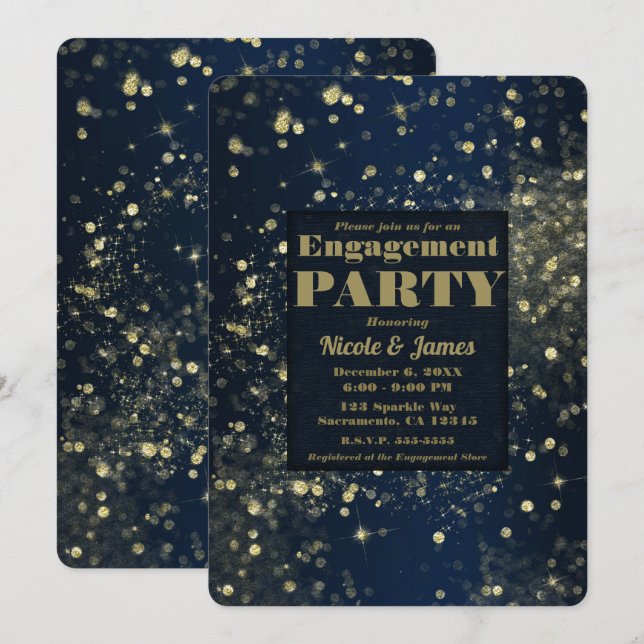 Blue & Gold Sparkling Lights Glam Engagement Invitation (Front/Back)