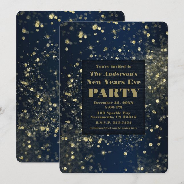 Blue Gold Sparkling Lights New Years Eve Party Invitation (Front/Back)