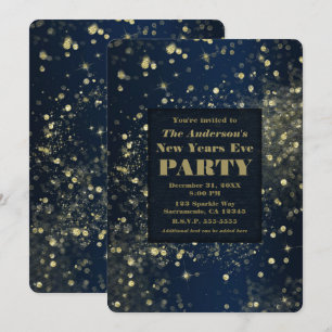 Blue Gold Sparkling Lights New Years Eve Party Invitation