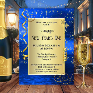 Blue Gold Sparkling New Year's Eve Invitation