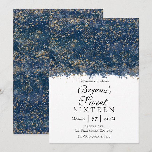 Blue Gold Splatter Modern Glam Sweet 16 Party Invitation (Front/Back)