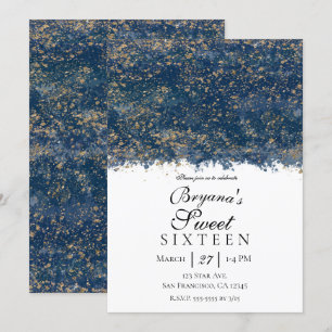 Blue Gold Splatter Modern Glam Sweet 16 Party Invitation