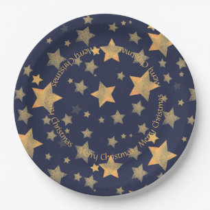 Blue Gold Star Pattern Elegant Vintage Christmas Paper Plate