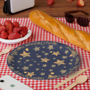 Blue Gold Star Pattern Elegant Vintage Christmas Paper Plate
