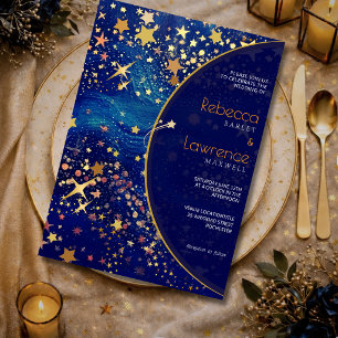 Blue gold starry night celestial magical wedding invitation
