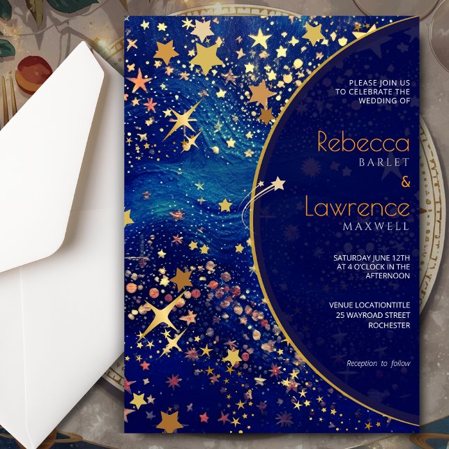 Blue gold starry night celestial magical wedding invitation (Creator Uploaded)