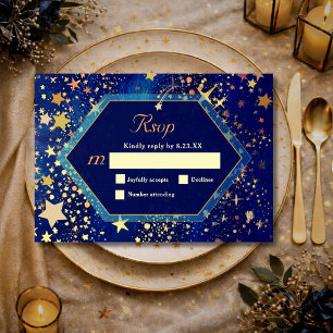 Blue gold starry night celestial magical wedding RSVP card