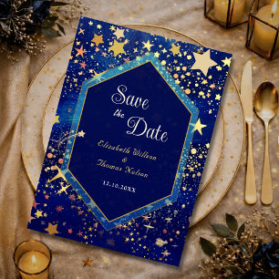 Blue gold starry night celestial magical wedding save the date