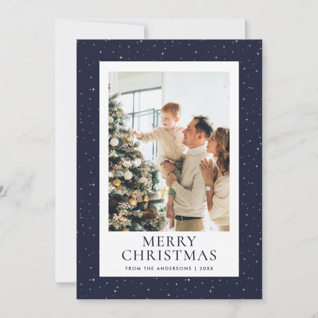 Blue Gold Starry Night Photo Merry Christmas Holiday Card (Front)