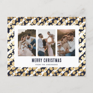 Blue Gold Stars 3 Photo Merry Christmas Holiday Postcard