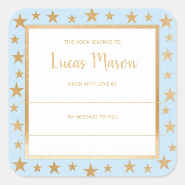 Blue gold stars boy baby shower bookplate square sticker (Front)