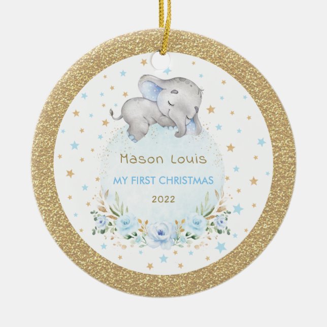 Blue Gold Stars Elephant Baby First 1st Christmas Ceramic Ornament (Front)