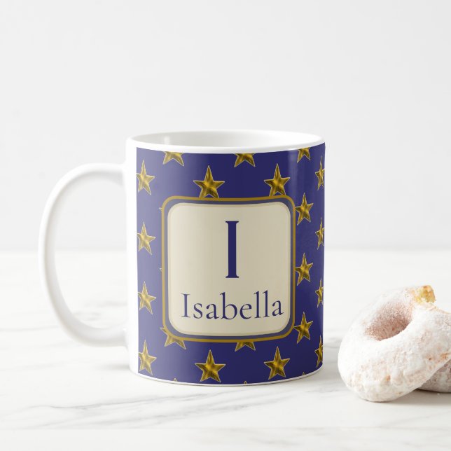 Blue Gold Stars First Name Monogram Initial  Coffee Mug (With Donut)