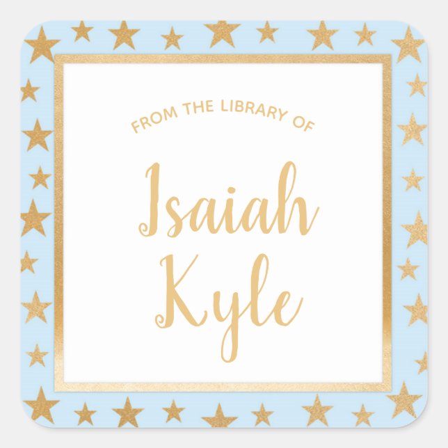 Blue gold stars library name bookplate square sticker (Front)