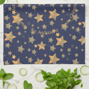 Blue Gold Stars Pattern Elegant Merry Christmas Kitchen Towel