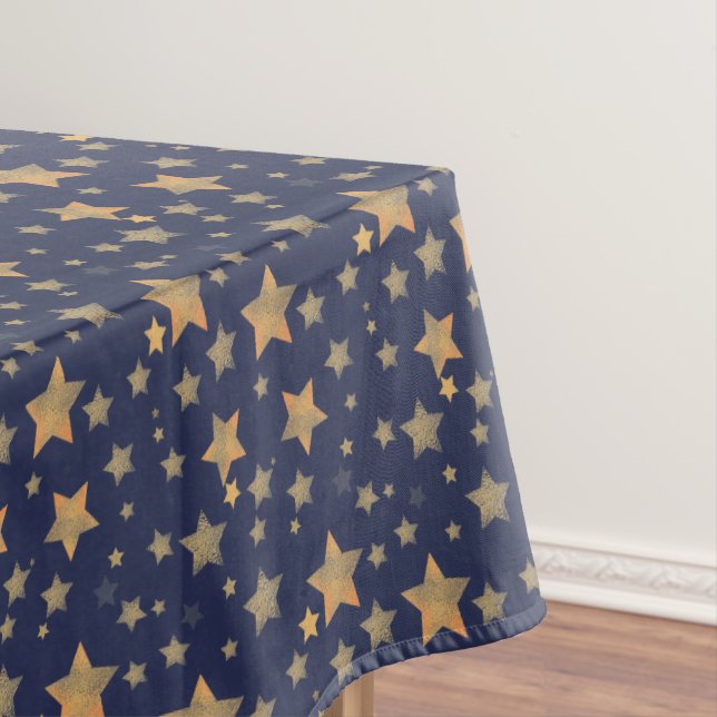 Blue Gold Stars Pattern Elegant Vintage Christmas Tablecloth (In Situ)