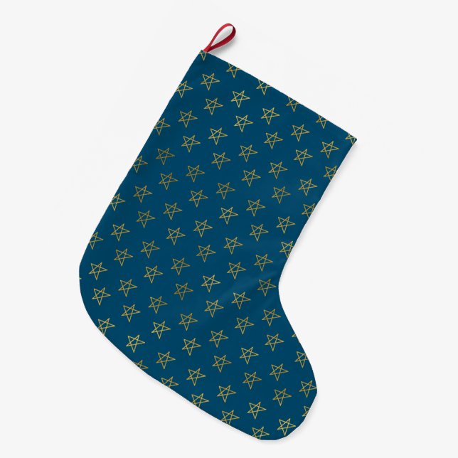 Blue Gold Stars Shine Bright  Large Christmas Stocking (Front (Hanging))