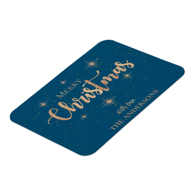Blue Gold Stars Typography Name Merry Christmas Magnet (Left Side)