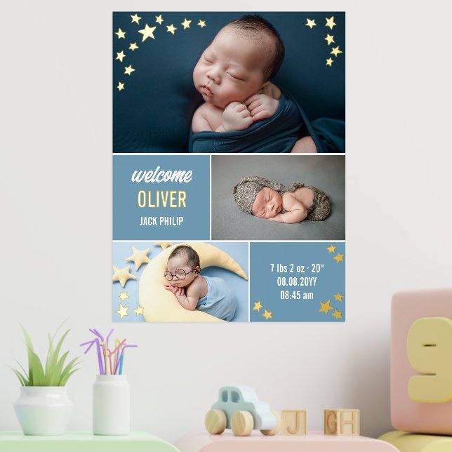Blue Gold Stars Welcome Baby Boy Photo Collage Foil Prints (In Situ (Nursery 2))