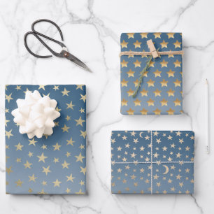 Blue Gold Stars Wrapping Paper Sheet