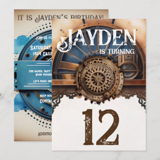 Blue Gold Steampunk Birthday Party Invitation