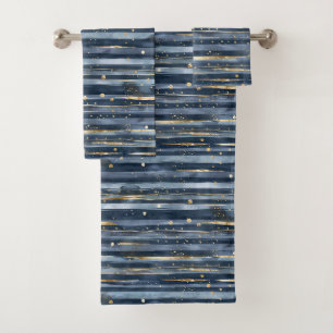 Blue Gold Stripes Dots Bath Towel Set