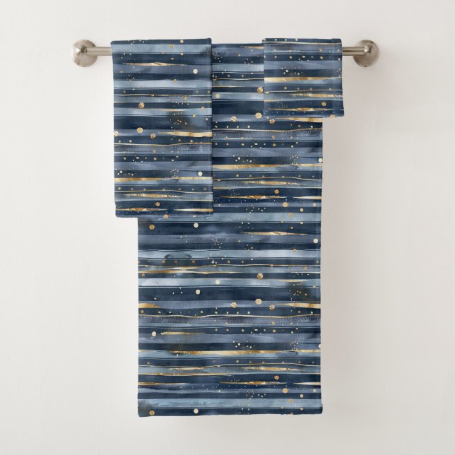 Blue Gold Stripes Dots Bath Towel Set (Insitu)