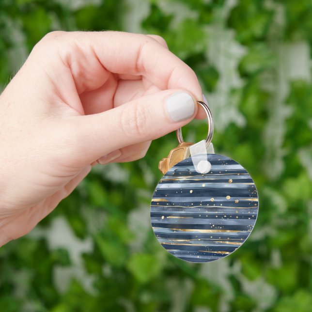 Blue Gold Stripes Dots Dreams   Keychain (Hand)