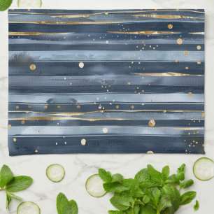 Blue Gold Stripes Dots Kitchen Towel