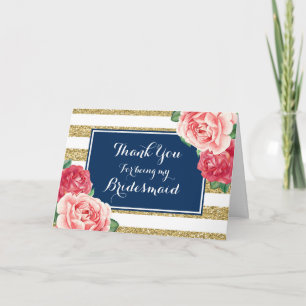 Blue Gold Stripes Pink Flthank Bridesmaid Thank You Card