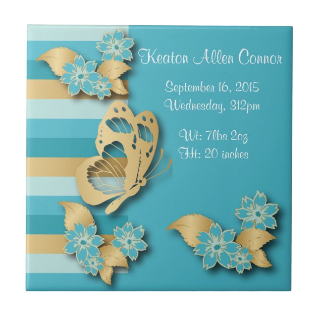 Blue & Gold Stripes with Butterflies for Baby Tile (Front)