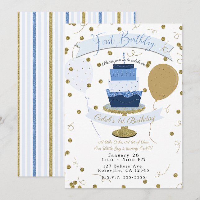 Blue & Gold Sugar is Sweet 1st First Birthday Cake Invitation (Front/Back)