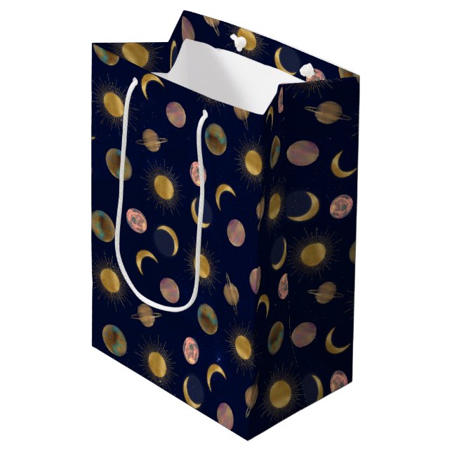 Blue Gold Sun Moon Planets Space illustration Medium Gift Bag (Front Angled)