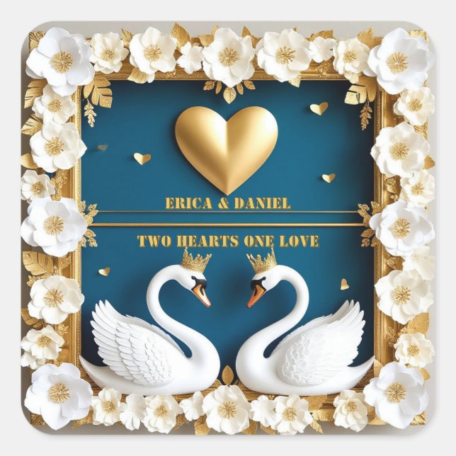 Blue Gold Swan Couple Wedding Theme 💍 Square Sticker (Front)