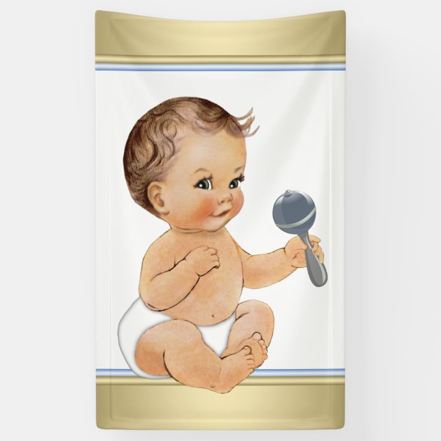 Blue Gold Sweet Boy Baby Shower Banner (Vertical)