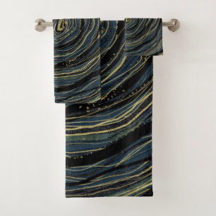 Blue Gold Swirl Glam Art Bath Towel Set