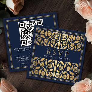 Blue Gold Sword Royal Wedding RSVP QR Code Enclosure Card
