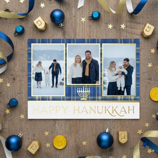 Blue & Gold Tartan Plaid Happy Hanukkah Photo Foil Holiday Card (Creator Uploaded)