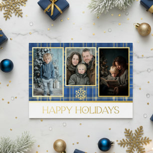 Blue & Gold Tartan Plaid Happy Holidays Photo Foil Holiday Card