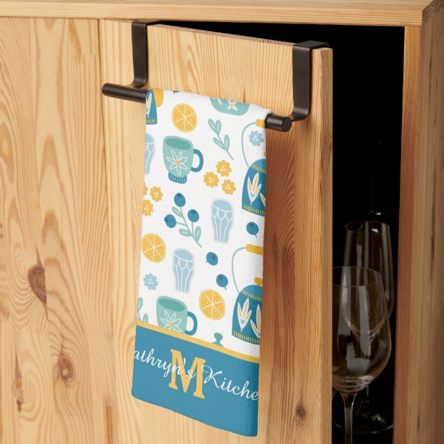 Blue Gold Tea Time Pattern Monogram Kitchen Towel (Thirds Fold)