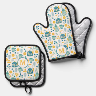 Blue Gold Tea Time Pattern Monogram Oven Mitt & Pot Holder Set