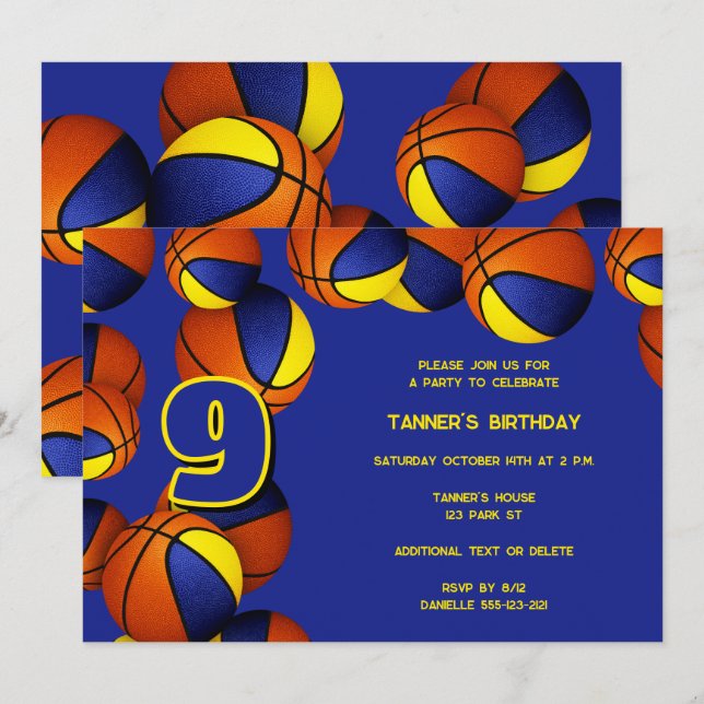 blue gold team colours basketballs kids party invitation (Front/Back)