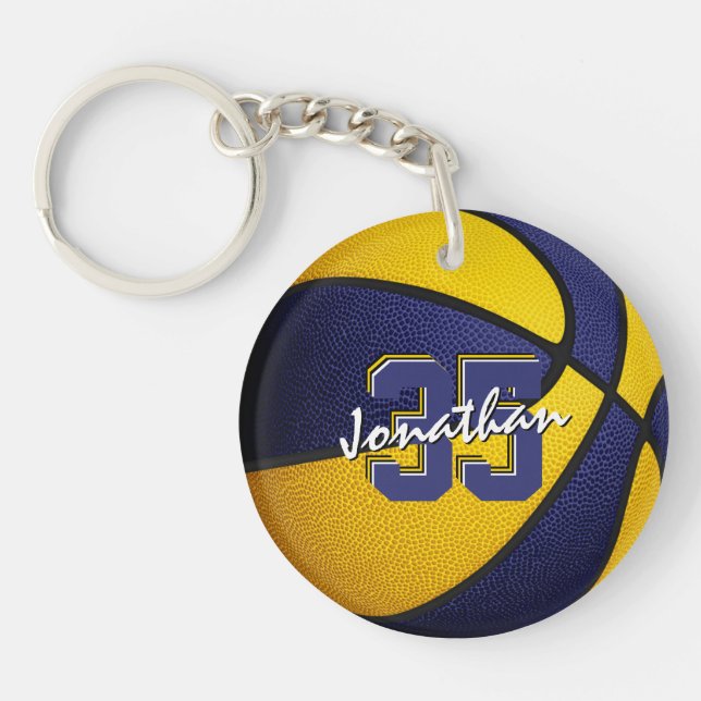 blue gold team colours boys girls basketball keychain (Front)