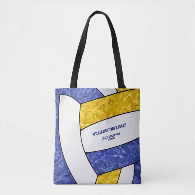 blue gold team colours girls volleyball coach tote bag (Front)